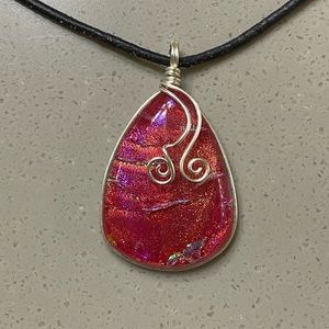 Wire Wrapped Glass Pendant On Cord Necklace